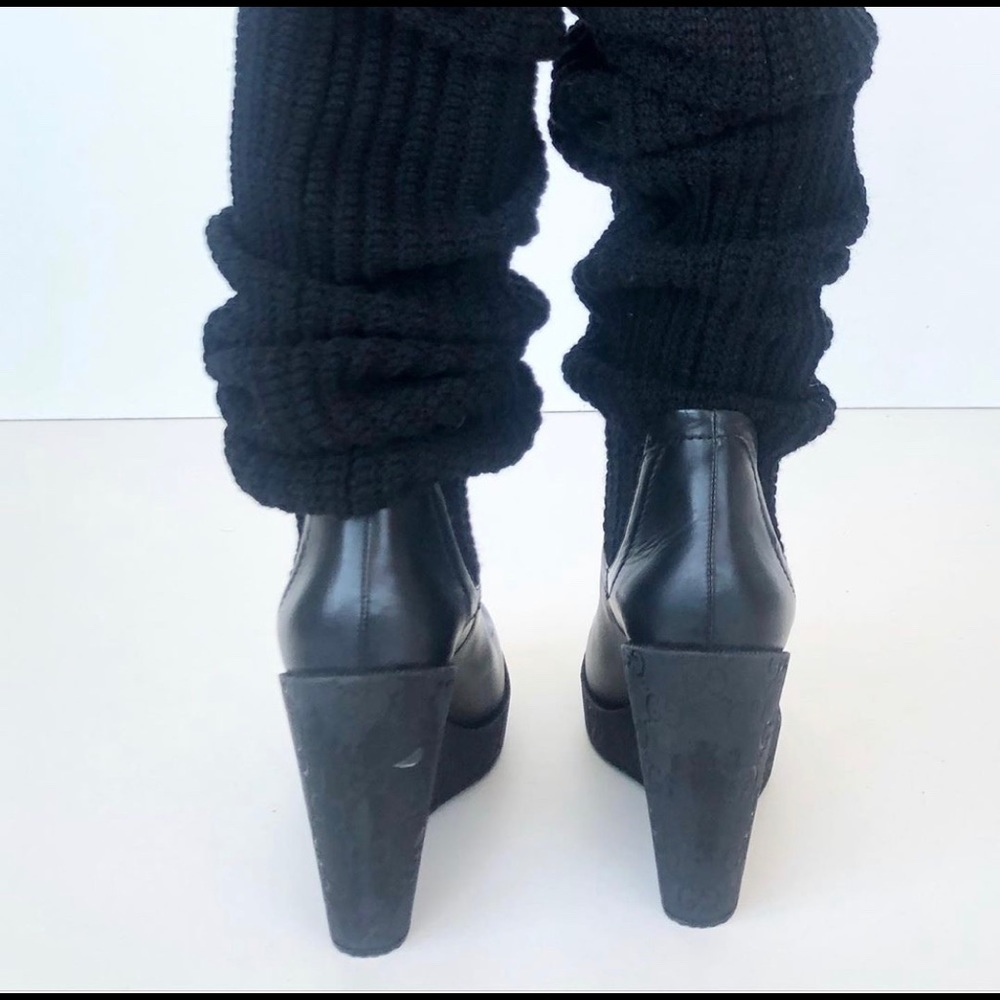 Gucci Black Leather Logo Knit Wool OTK Wedge Boots - Picture 6 of 9